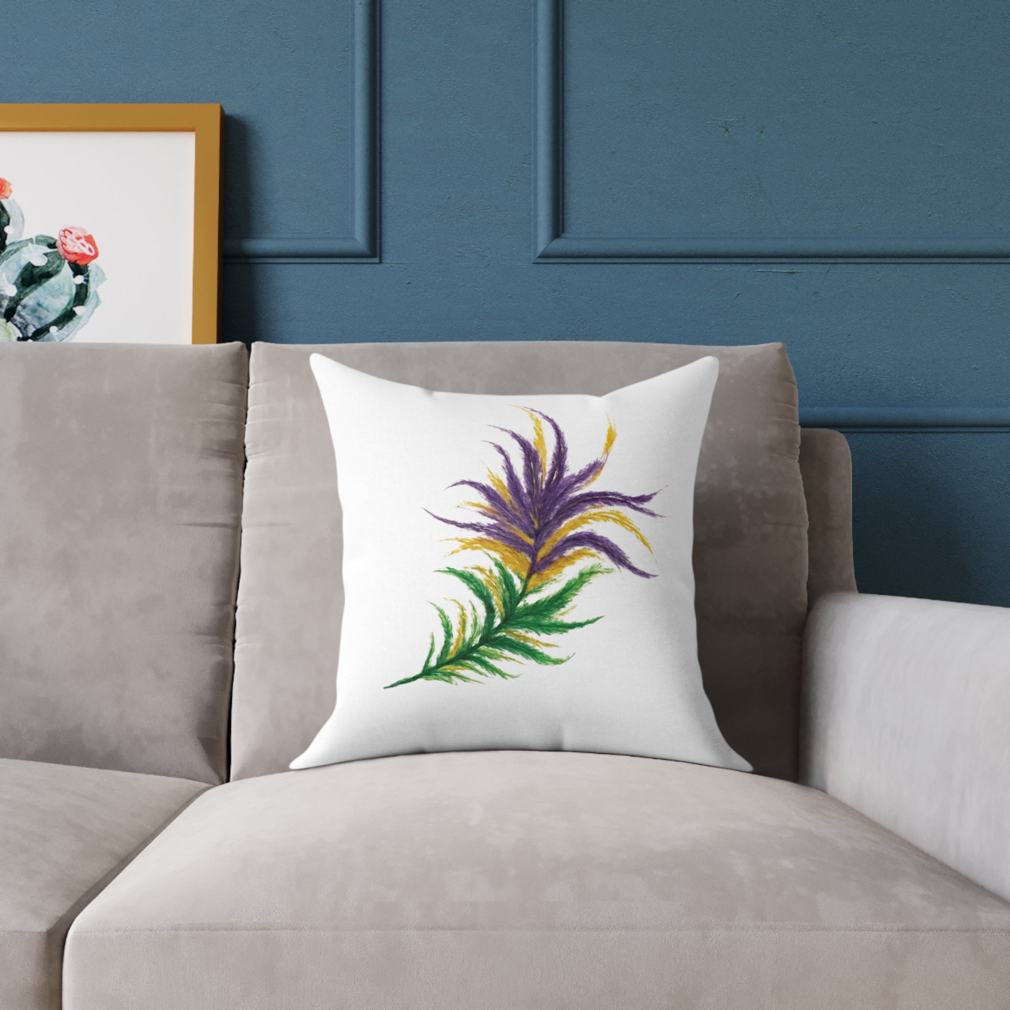 Mardi Gras Feather Floral Square Pillow — Purple & Gold Decorative Throw Pillow