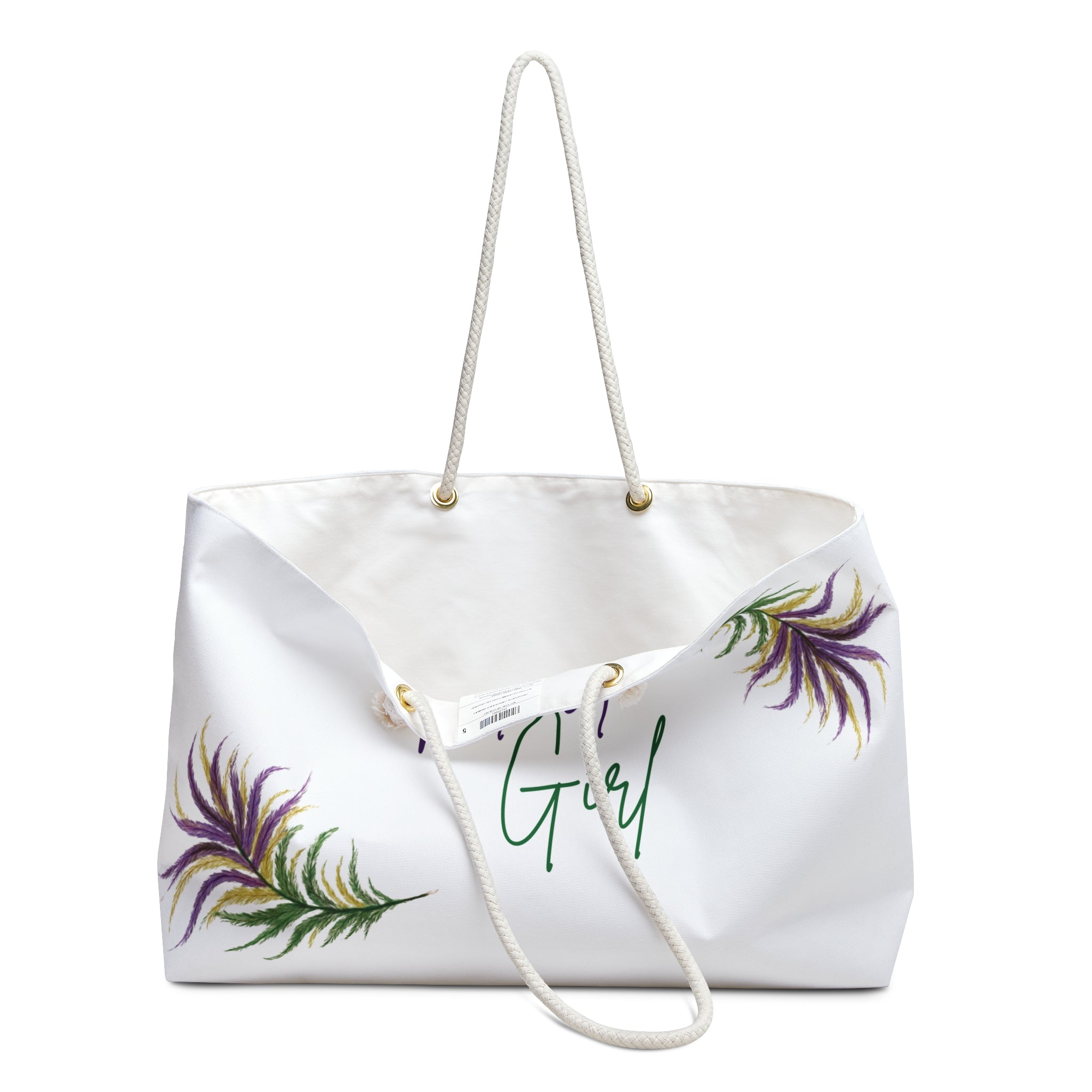 Mardi Girl Weekender Bag — Festive Feather Print Travel Tote