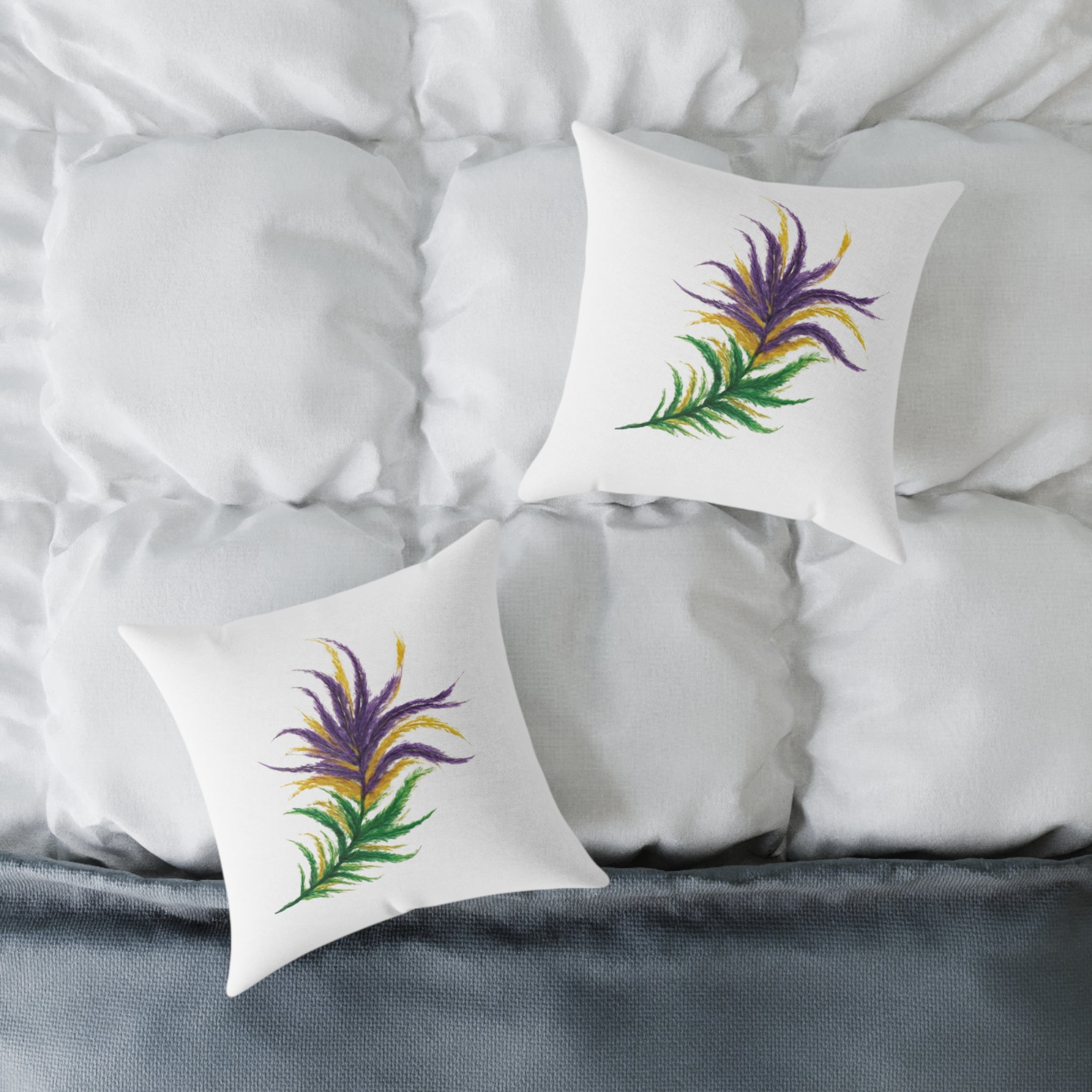 Mardi Gras Feather Floral Square Pillow — Purple & Gold Decorative Throw Pillow