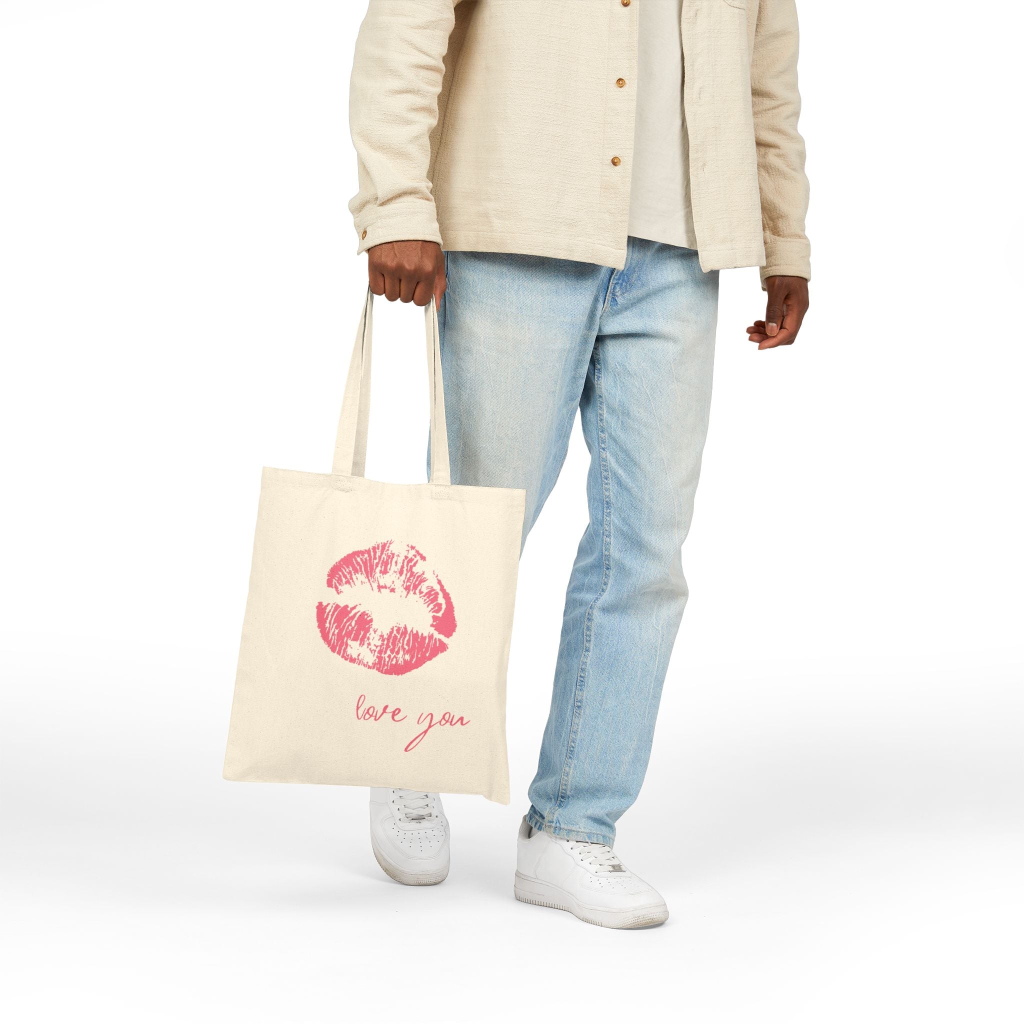 Canvas Tote Bag — Pink Kiss Print "Love You" | Valentine's Day Gift