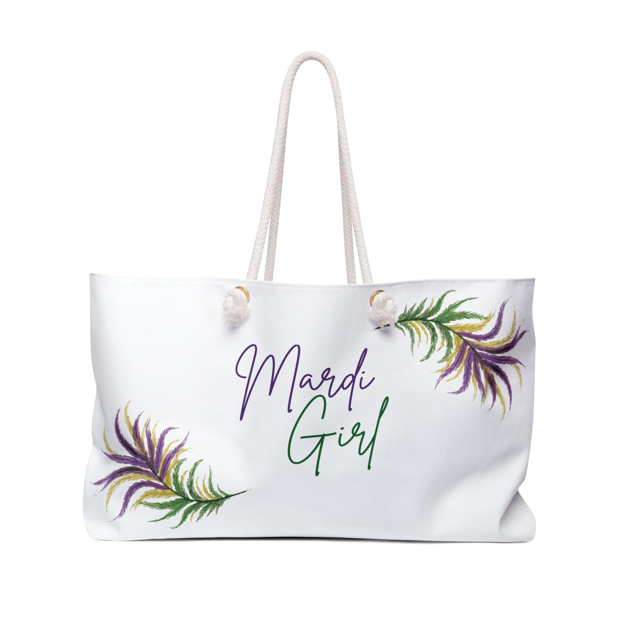 Mardi Girl Weekender Bag — Festive Feather Print Travel Tote