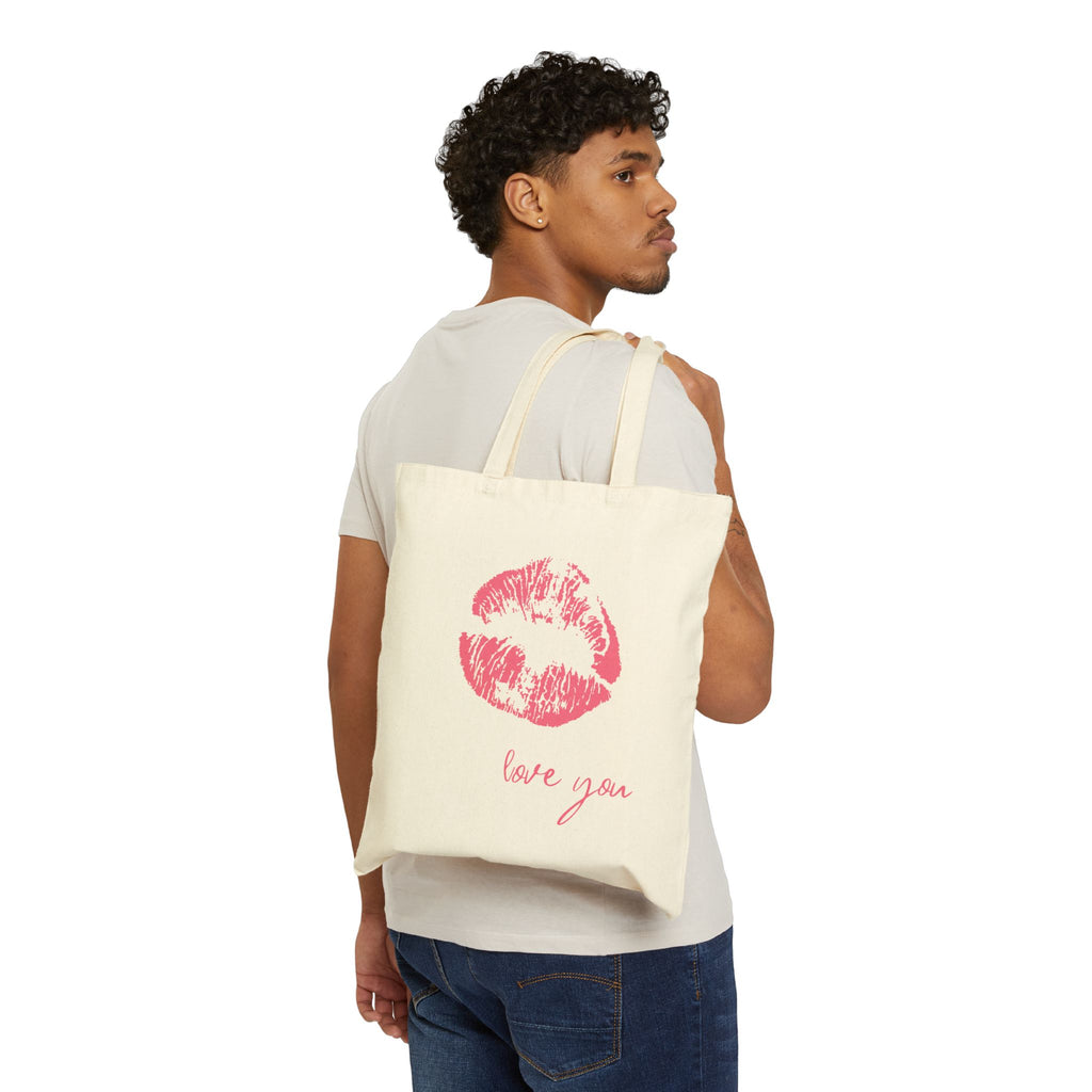 Canvas Tote Bag — Pink Kiss Print "Love You" | Valentine's Day Gift