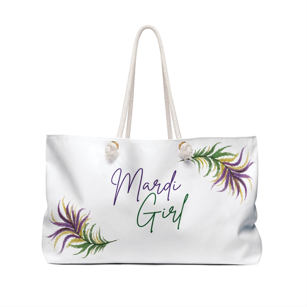 Mardi Girl Weekender Bag — Festive Feather Print Travel Tote