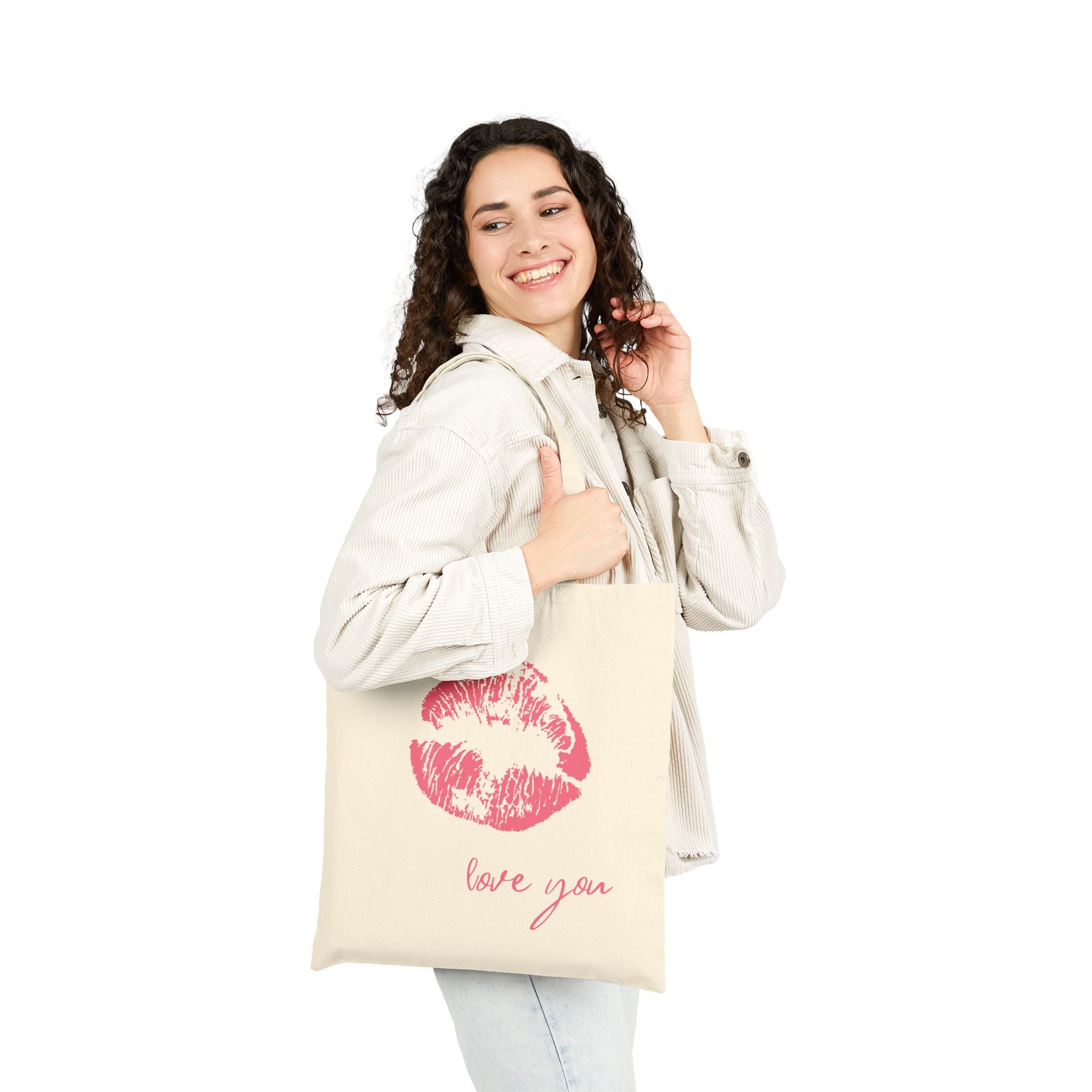 Canvas Tote Bag — Pink Kiss Print "Love You" | Valentine's Day Gift